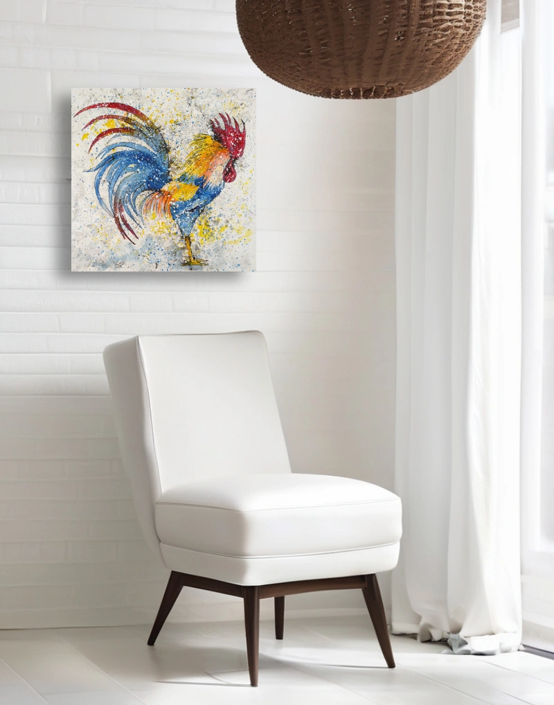 Este "Retrato de un Gallo" capta la esencia vibrante del amanecer con tintas y acrílicos, ofreciendo una visión moderna y energética del gallo