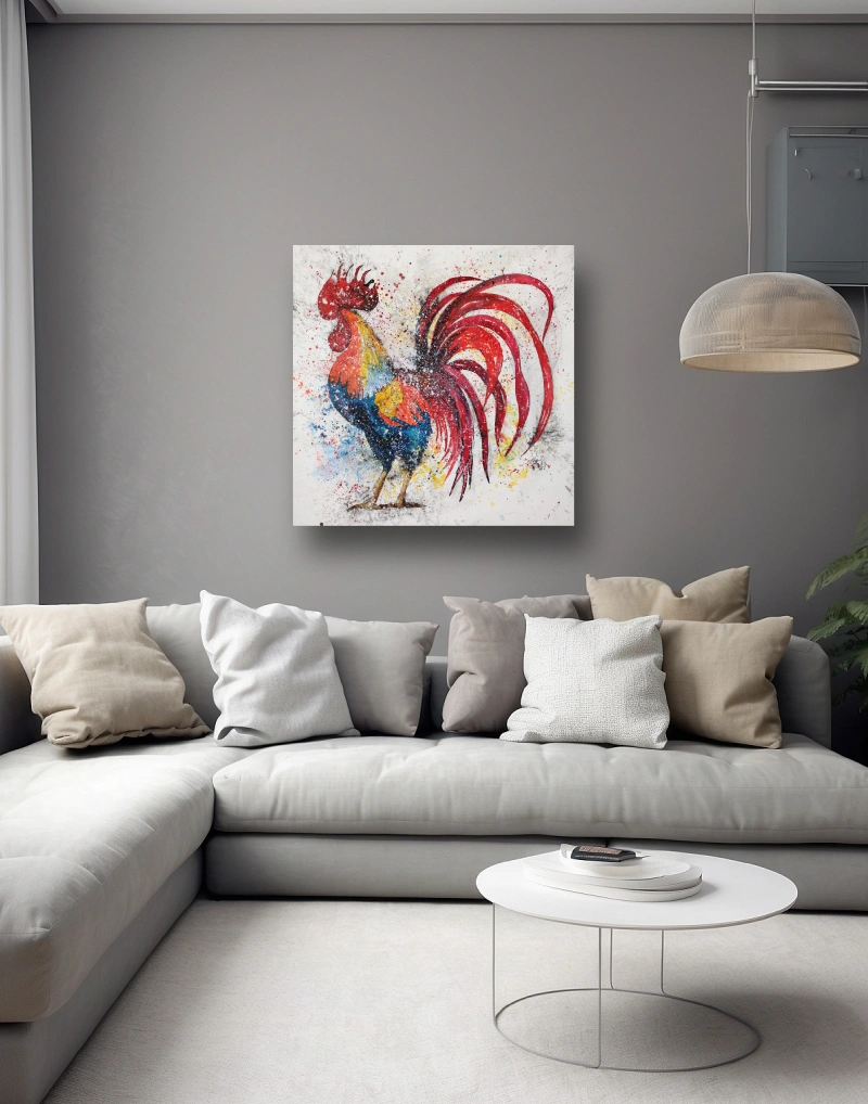 Este "Retrato de un Gallo" capta la esencia vibrante del amanecer con tintas y acrílicos, ofreciendo una visión moderna y energética del gallo