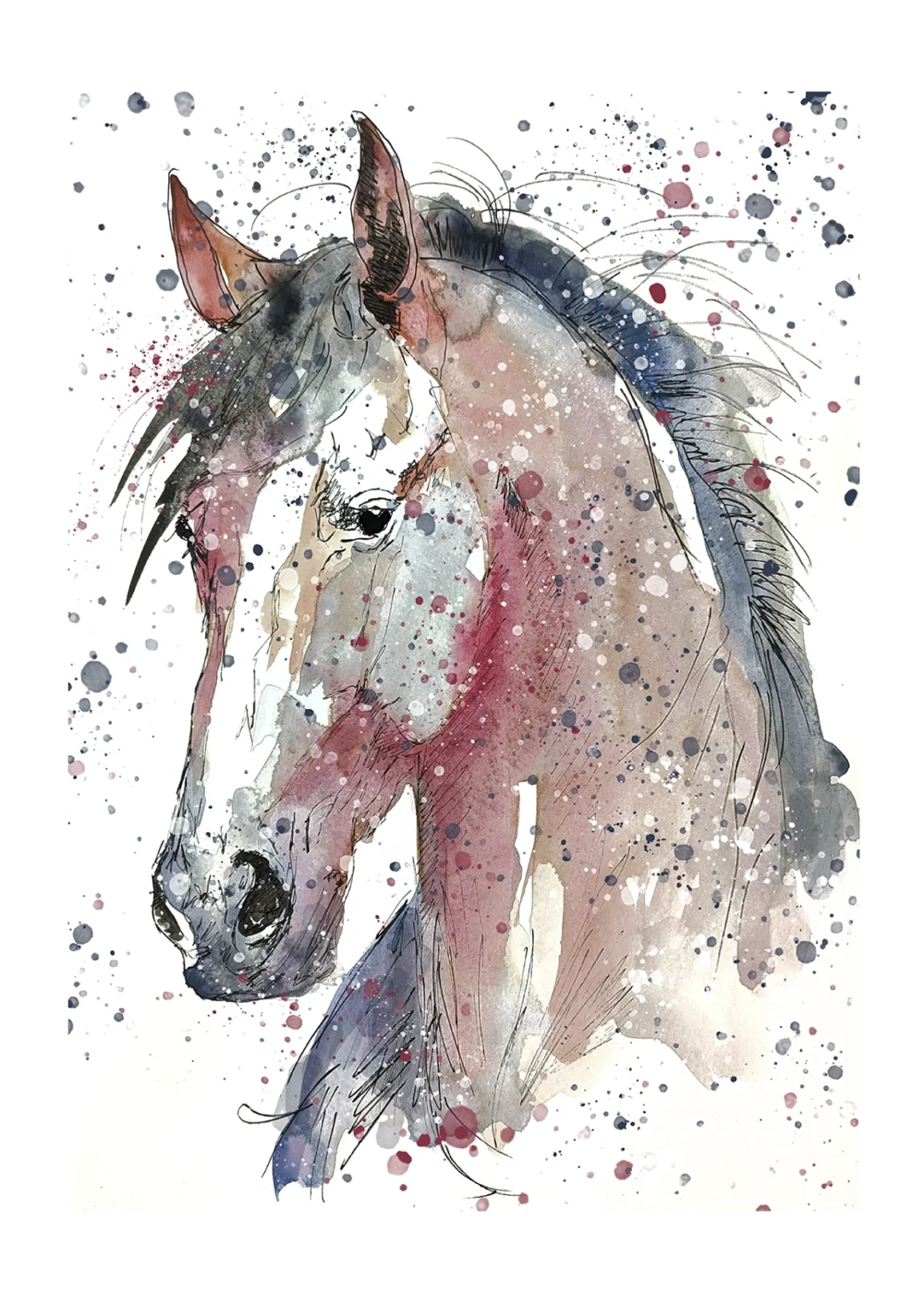 Imagen artística de un caballo en acuarela con manchas de color rojo y azul
