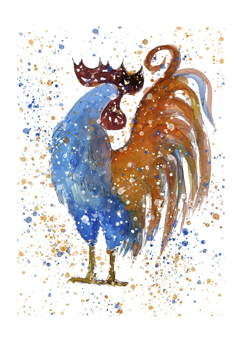Acuarela de un gallo con plumaje azul y marrón decorado con salpicaduras de pintura multicolores.
