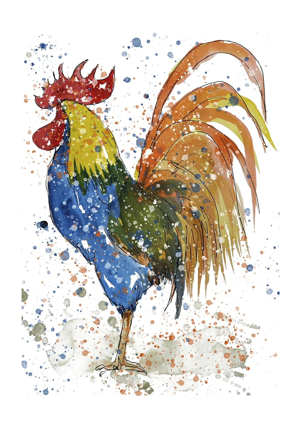 Pintura en acuarela de un gallo con plumaje en tonos de azul, verde y ocre con salpicaduras de pintura coloridas.