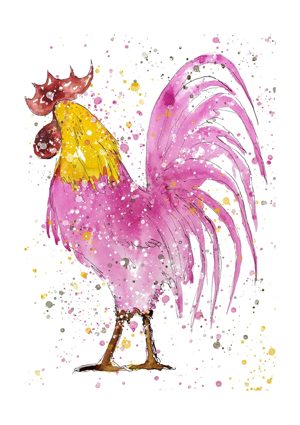 Obra de arte en acuarela que muestra un gallo con plumaje rosa y amarillo y salpicaduras abstractas de color.