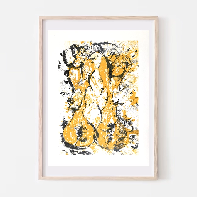 Serigrafía abstracta con violines amarillos y negros en un fondo blanco, destacando formas expresivas y texturas audaces.