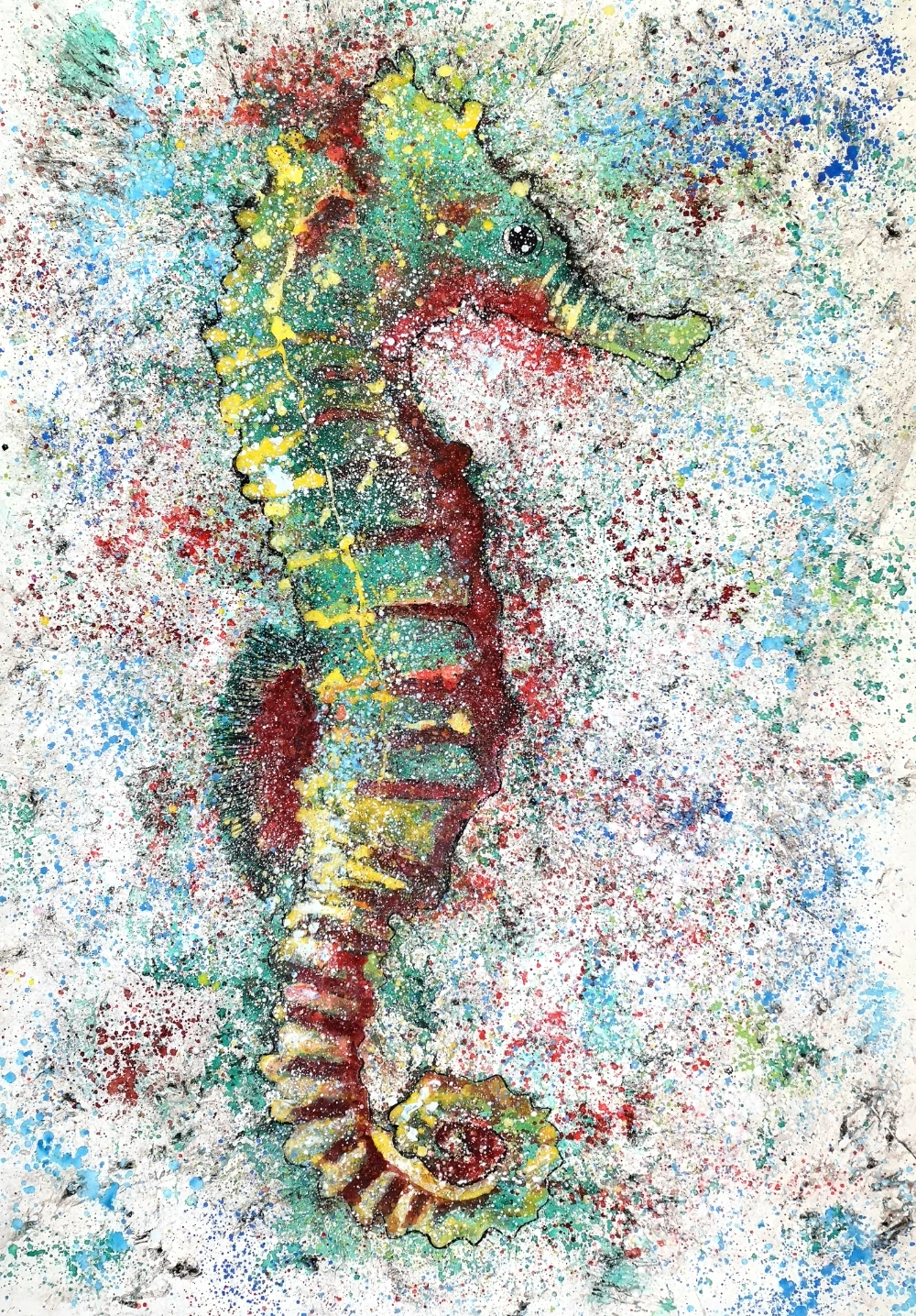 Caballito de mar colorido en técnica mixta sobre tela.