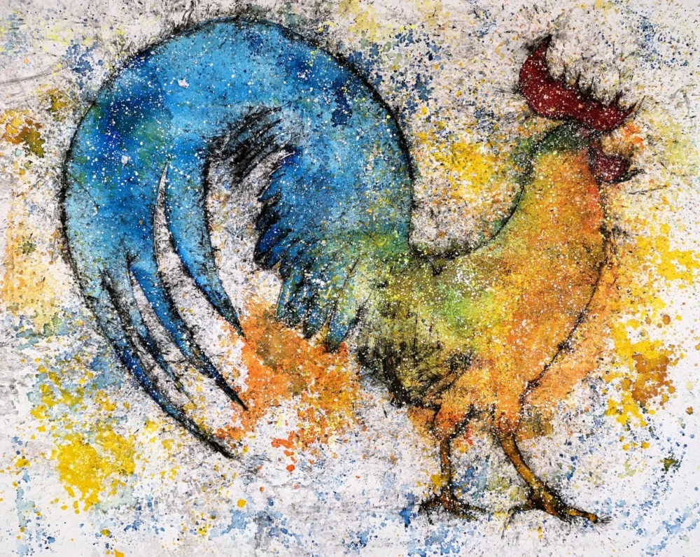 Pintura de un gallo multicolor en técnica mixta sobre tela.