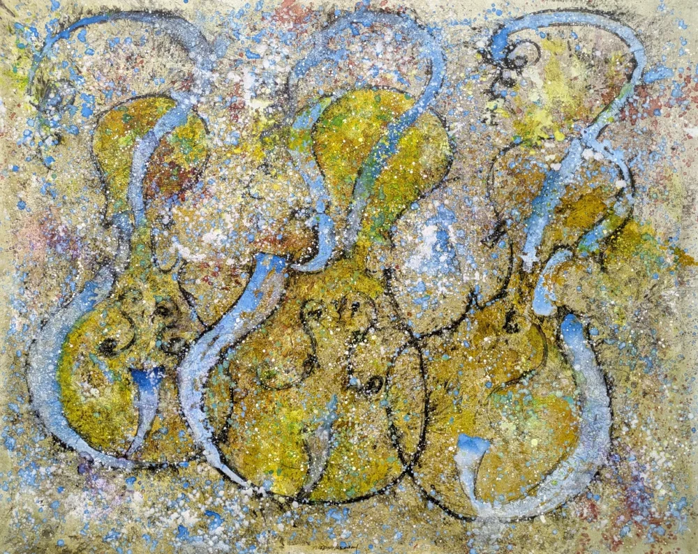 Pintura abstracta de violines con colores azul y amarillo.