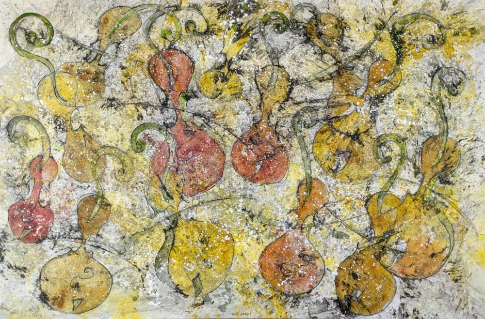 Cuadro abstracto con violines en tonos amarillos y rojos.