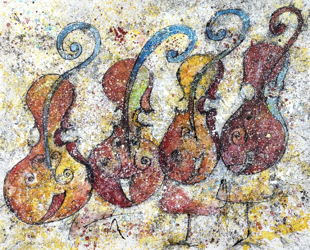 Cinco violines estilizados en colores ocres y rojos con espirales.