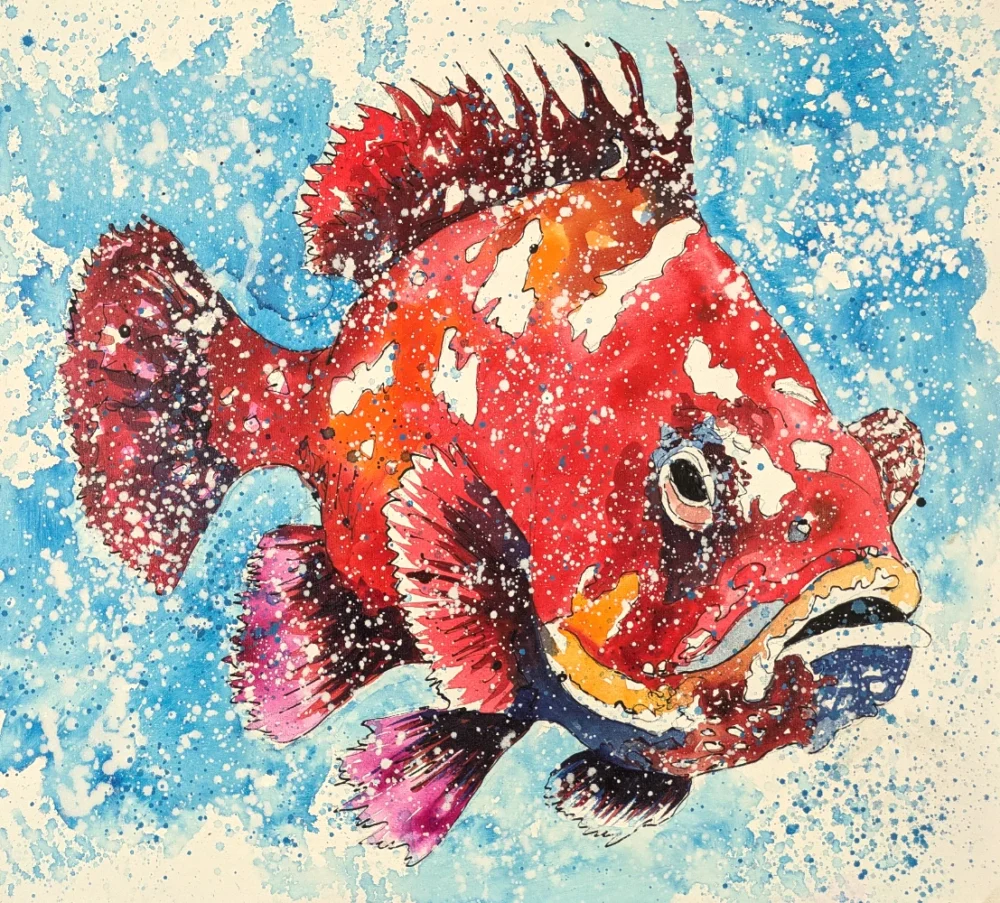 Pez rojo en fondo azul con motas blancas, técnica mixta.