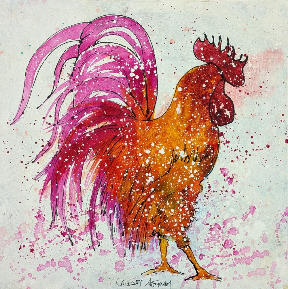 Gallo pintado con colores naranjas y púrpuras sobre tela.