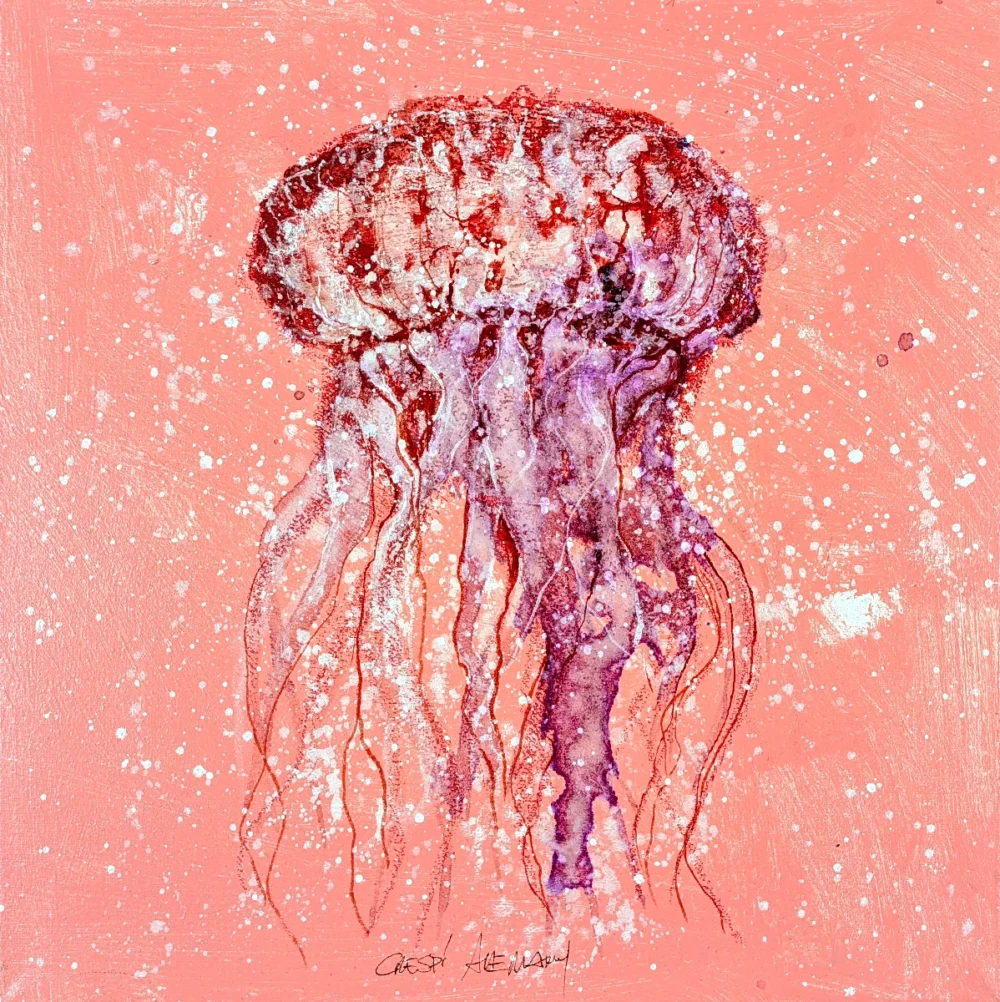 Pintura de medusa sobre fondo rosa con salpicaduras blancas.